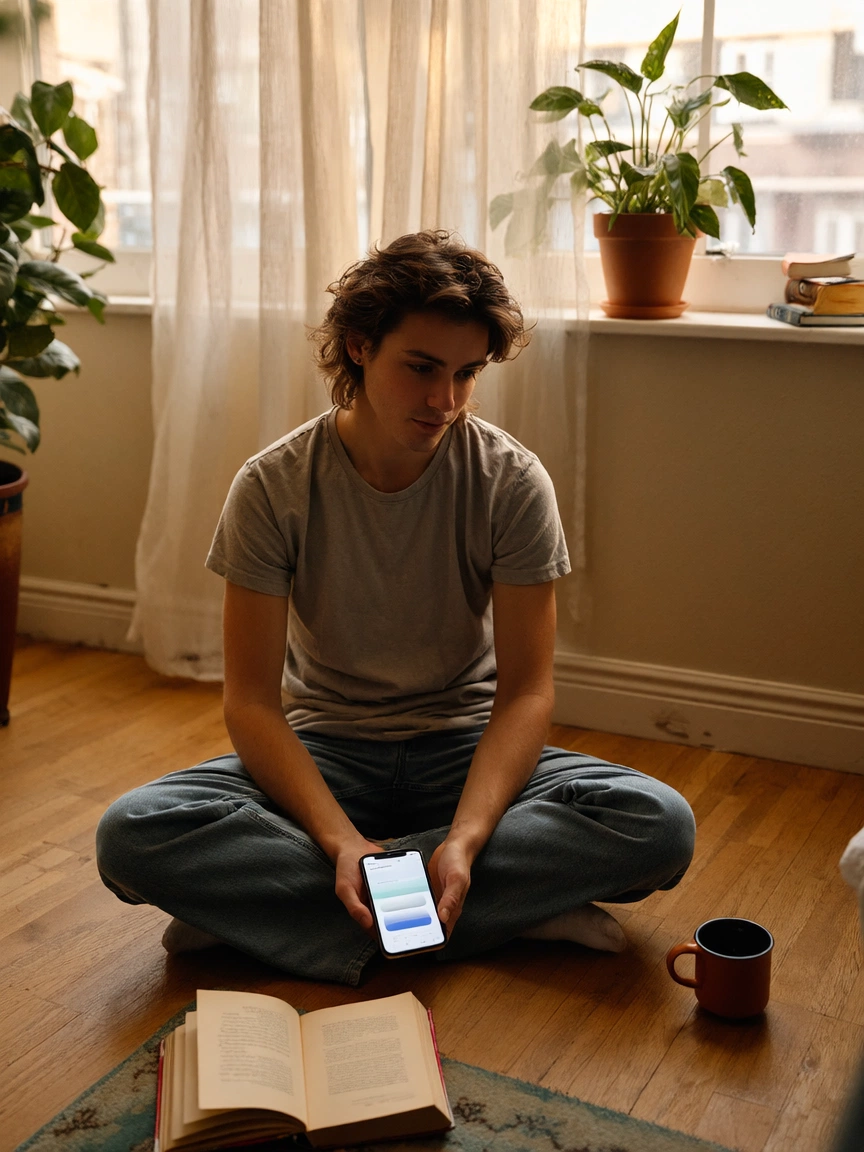 A person calmly reviewing a mood tracking journal on their phone, with notes and mood entries visible.