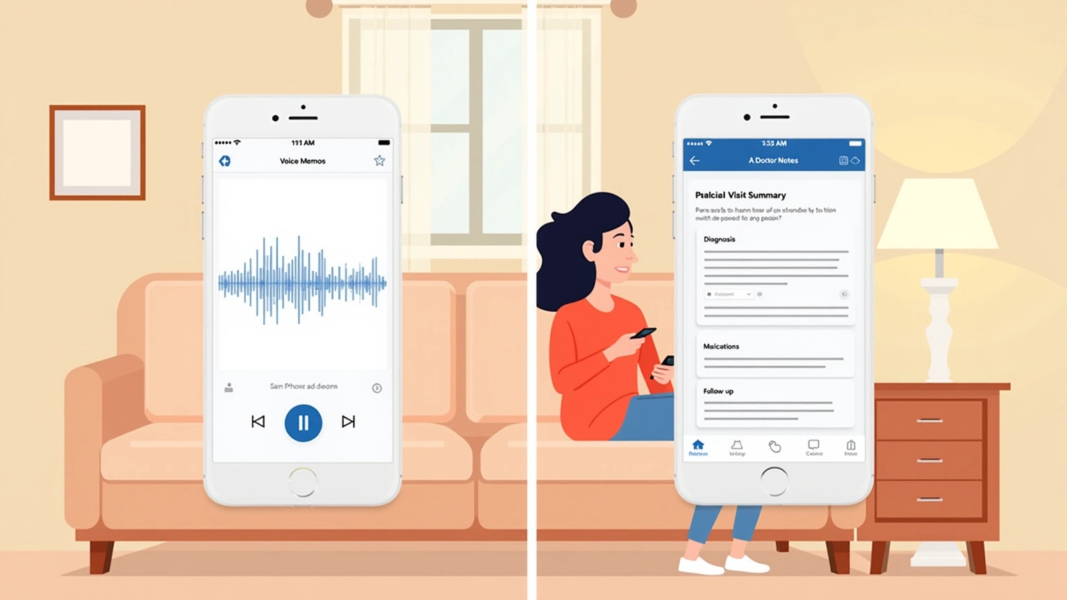 iPhone screen showing Apple Voice Memos app next to AI Doctor Notes visit summary