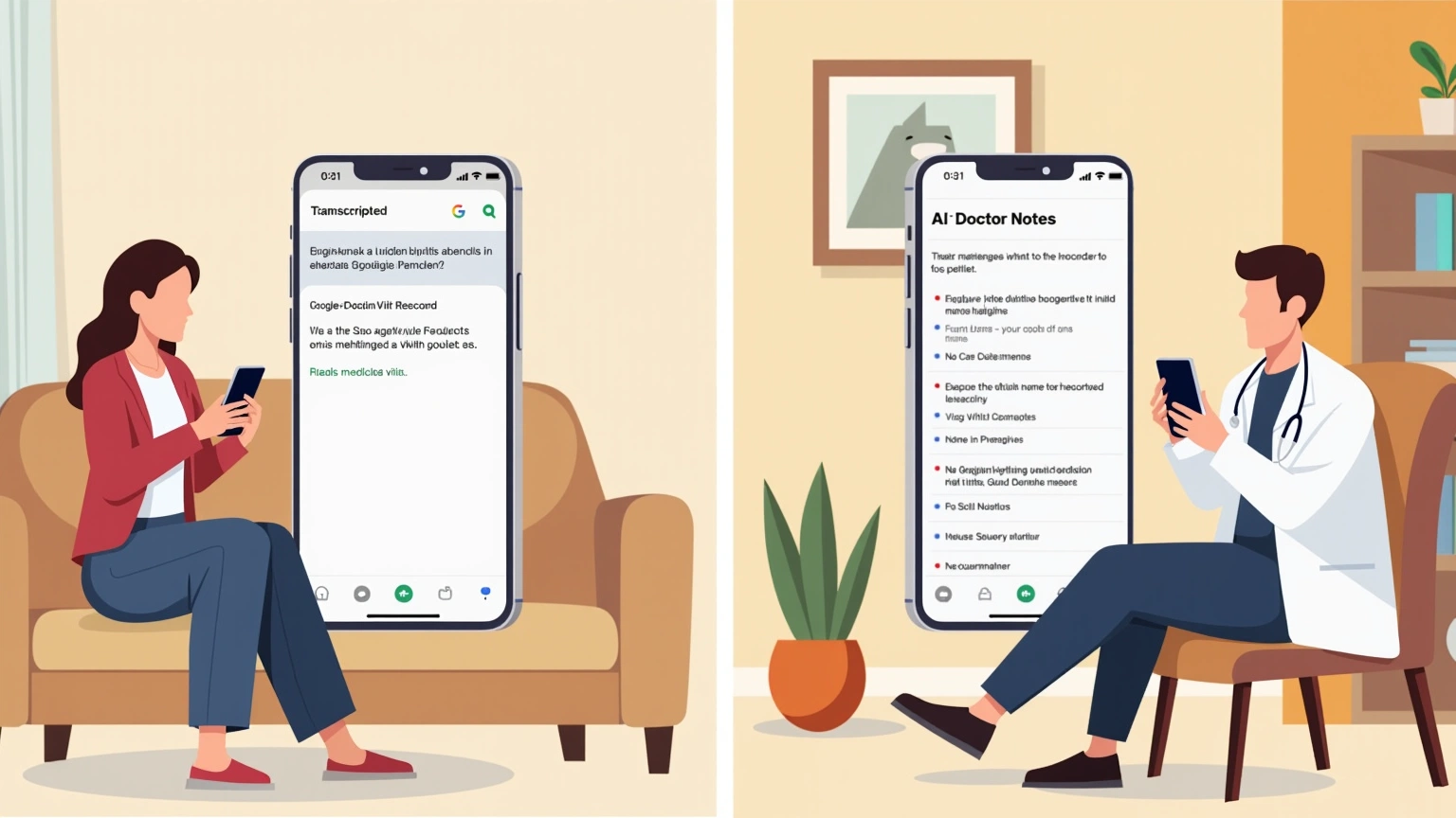Android phone showing Google Voice Recorder next to AI Doctor Notes visit summary
