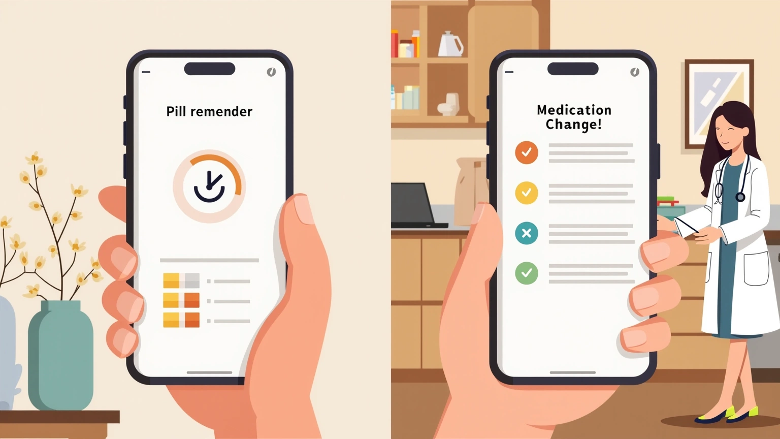 iPhone showing Medisafe medication reminder interface and AI Doctor Notes visit summary