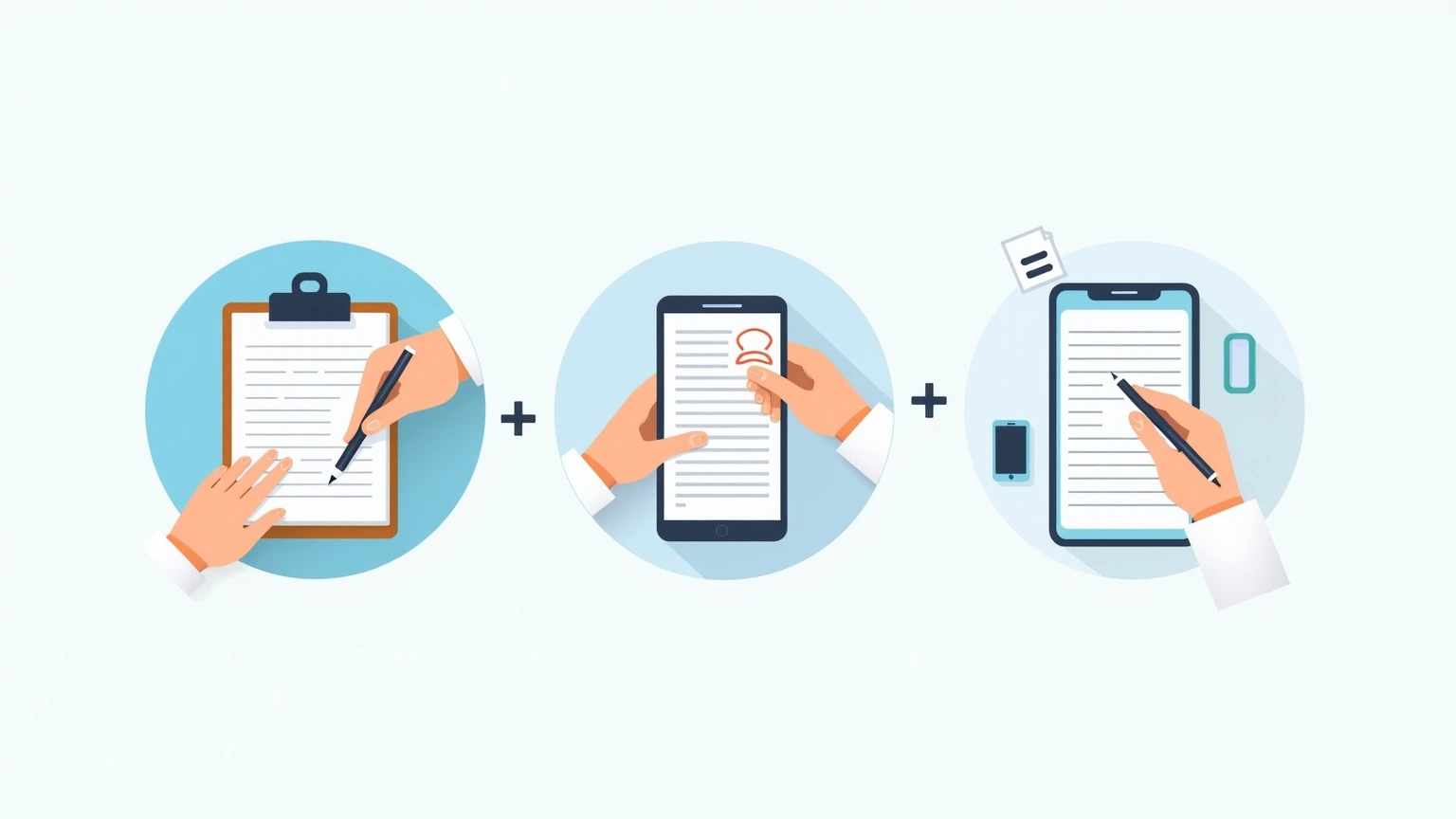 Comparison of handwritten notes, phone typing, and AI-generated summary on a table