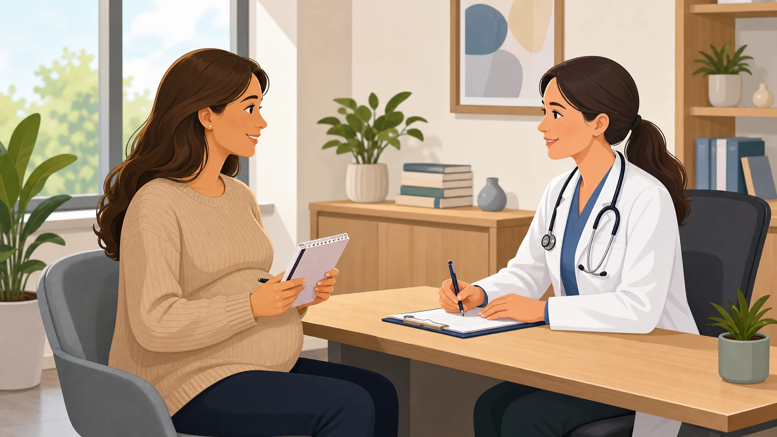 Patient with a pregnancy checklist and notes at a prenatal doctor visit