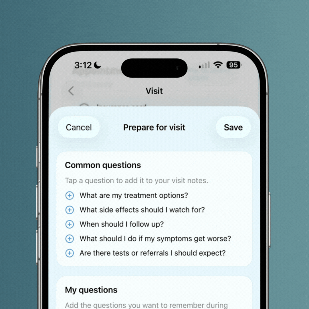 AI Doctor Notes app showing common questions to prepare before a doctor visit