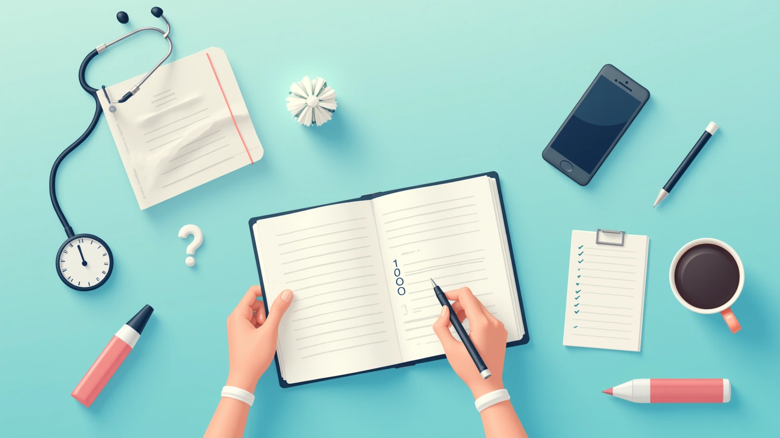 Patient preparing a short list of doctor appointment questions beside a phone and notebook