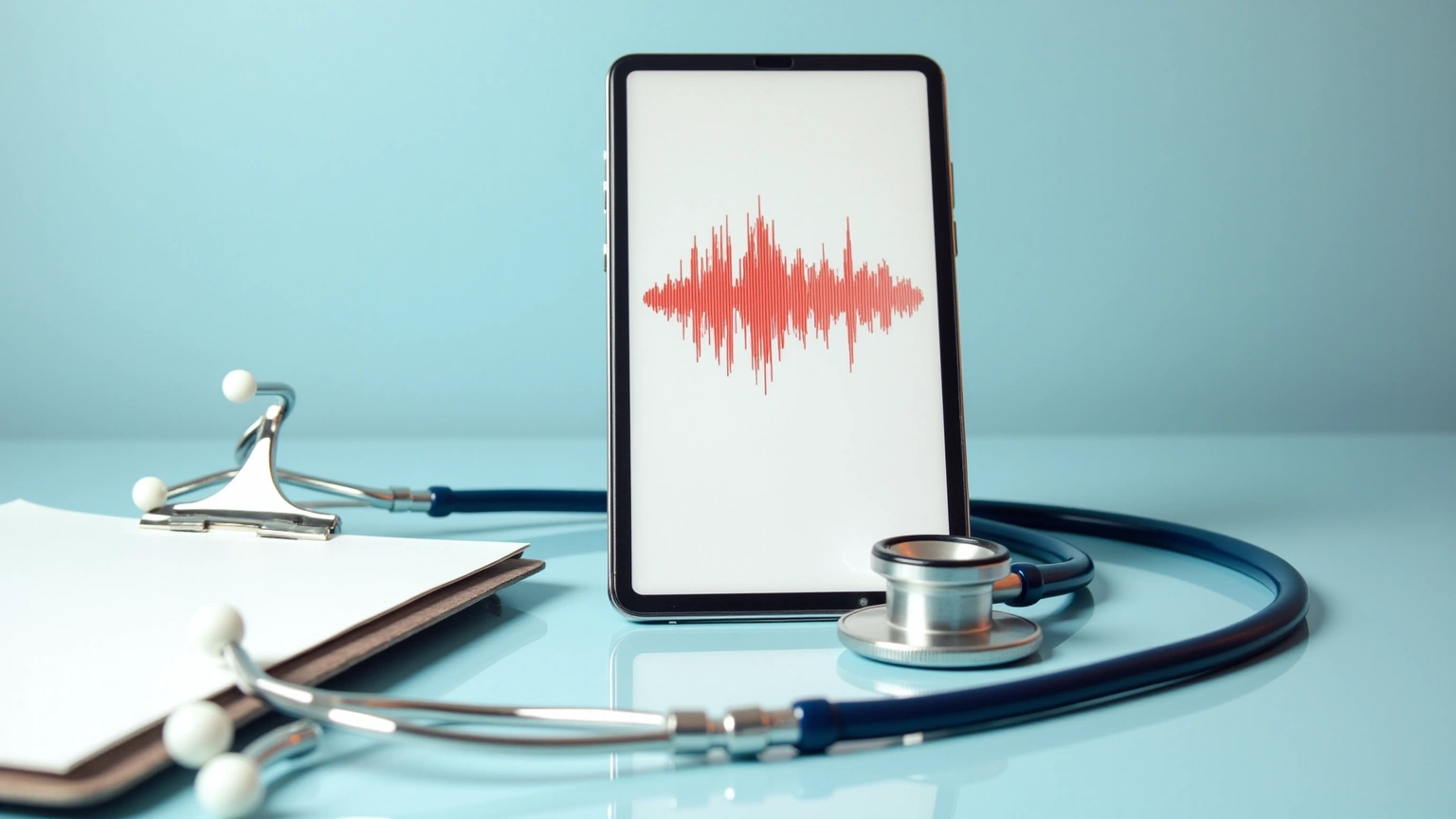 Phone showing recording app interface next to a doctor clipboard in a medical setting